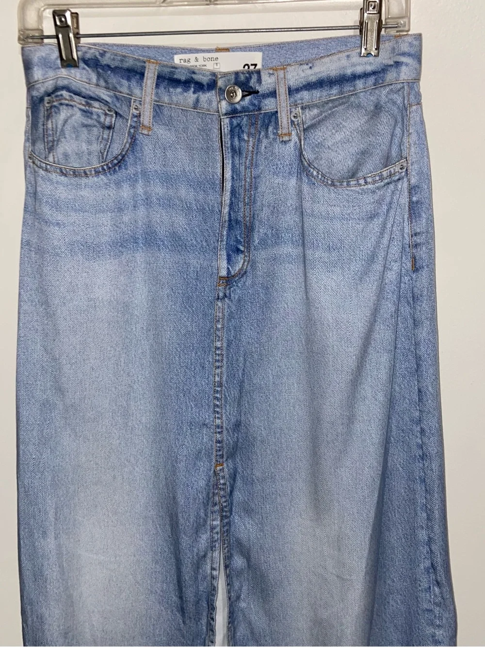 Rag & Bone Skirt Womens Sz 27 Tulip Liquid Miramar Denim Midi Tencel Chambray